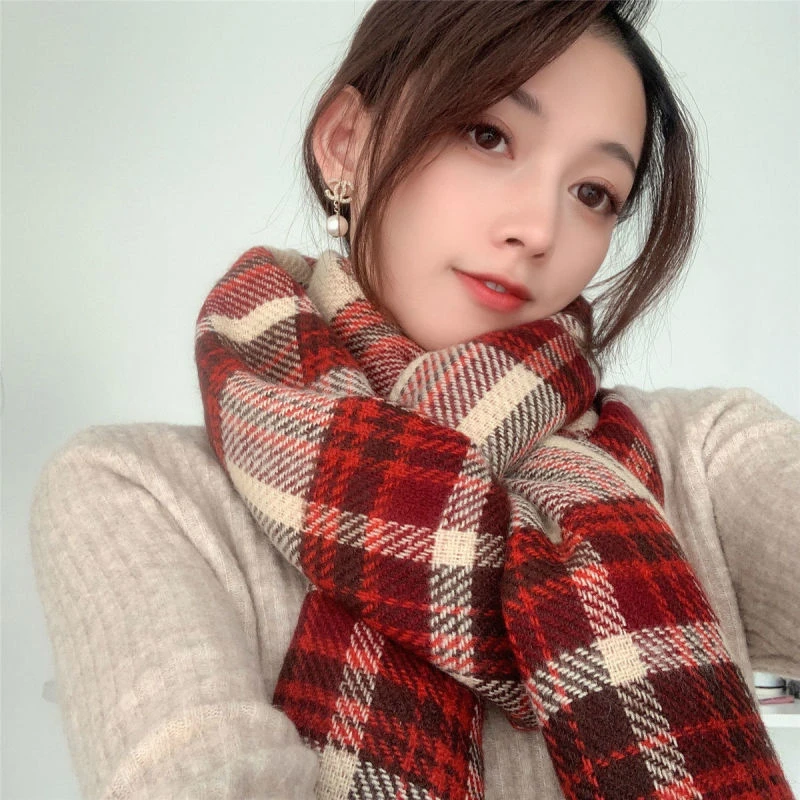 秋冬季网红格子双面情侣围巾女韩版时尚百搭加厚保暖针织围脖披肩