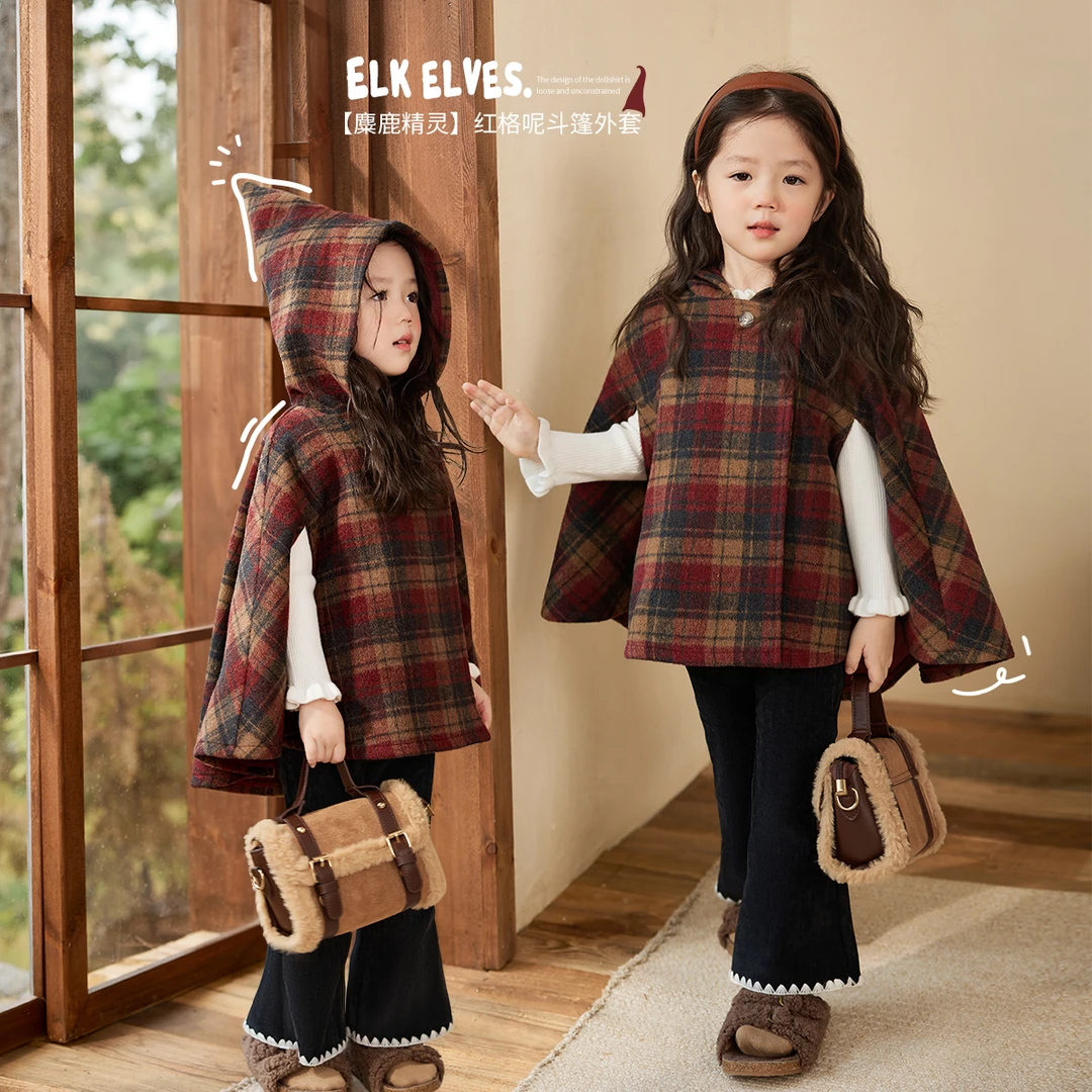 小O宝Okids童装 宝宝盒子斗篷女加绒2024冬新款连帽外套 ODW94021