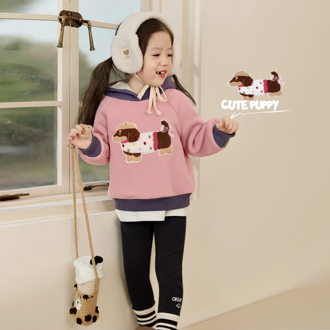 小O宝Okids童装 宝宝加绒插肩袖卫衣2024冬新款连帽上衣 OPR94029