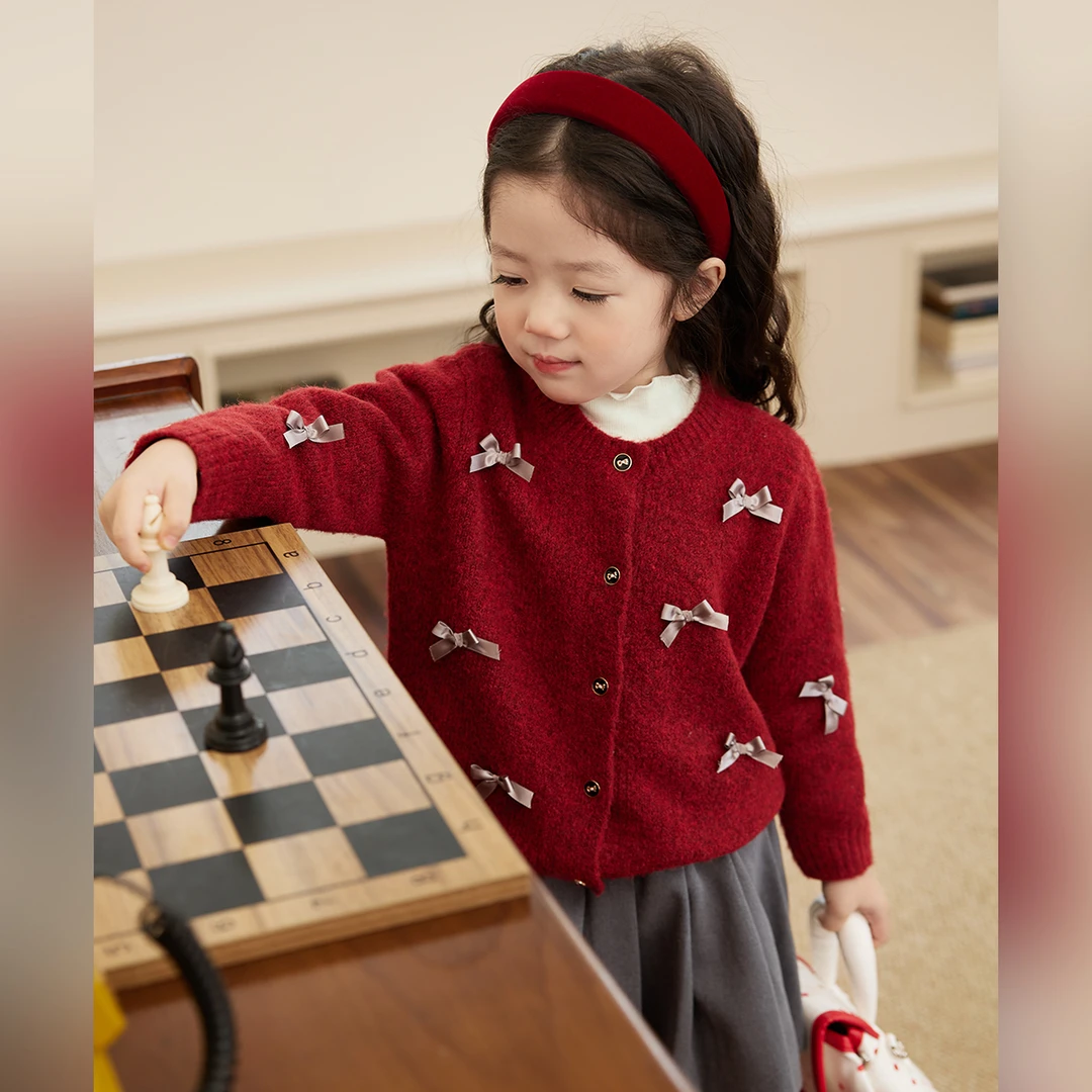 小O宝Okids童装 宝宝蝴蝶结卫衣套装2024冬毛衣开衫 OPM94046