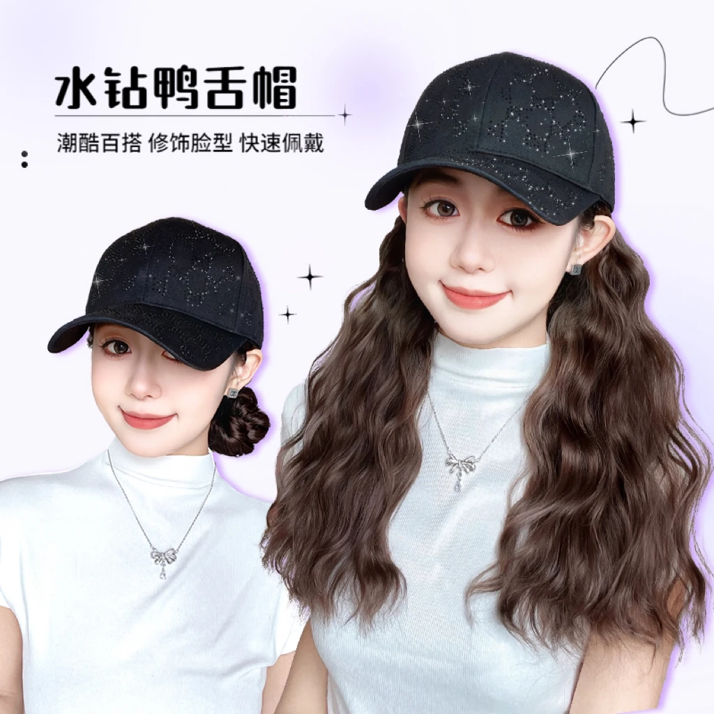 婷子假发/羊毛卷水钻鸭舌帽百搭修脸型一体式帽子假发