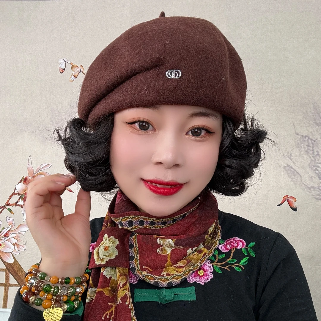 2024空姐贝雷帽子假发一体时尚秋冬新款贝雷帽短卷发女戴假发帽子
