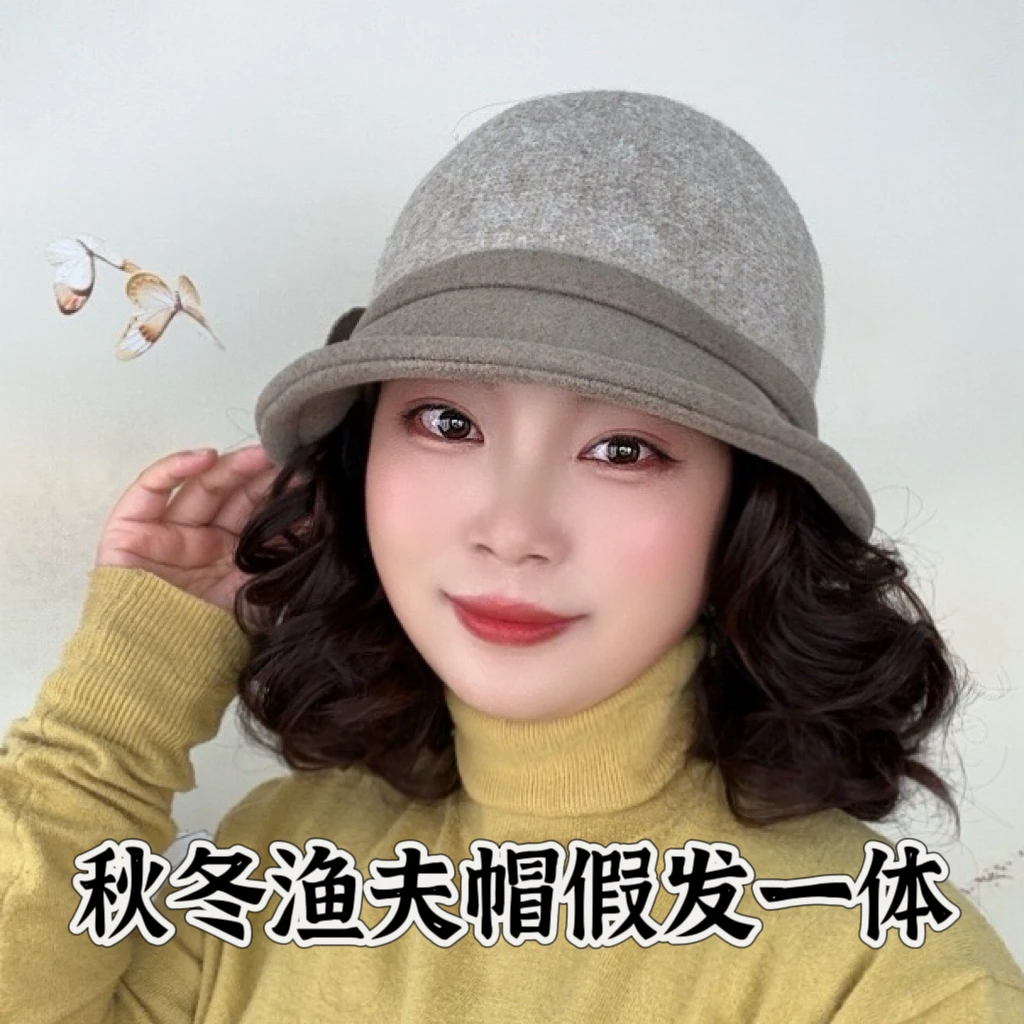 帽子假发一体女秋冬中老年毛呢渔夫帽慵懒卷洋气减龄短卷发全头套
