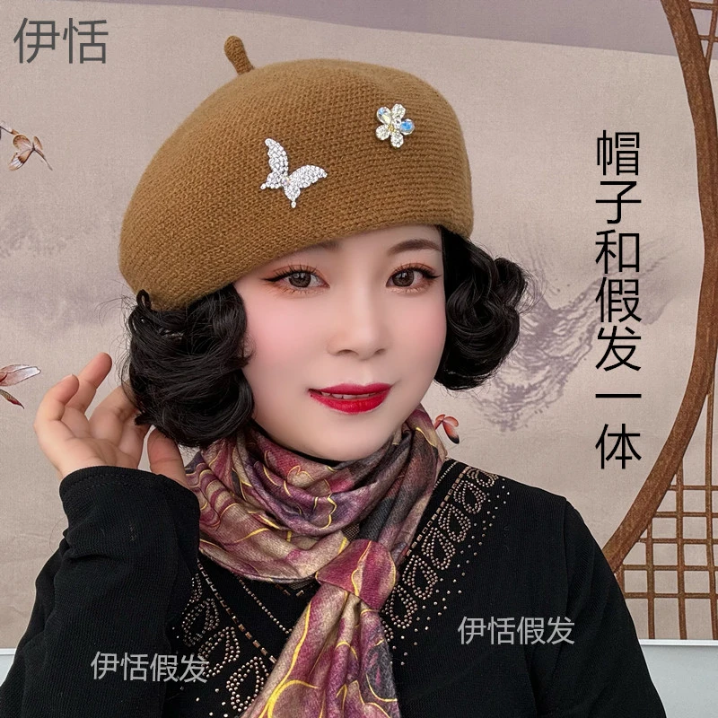 中老年秋冬季保暖针织毛线帽子假发一体短卷发小卷蓬松棉帽假发套