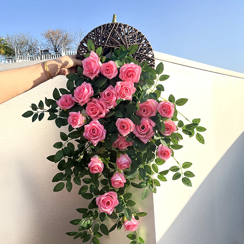 【送飞盘】甜心玫瑰壁挂花假花吊兰客厅墙面装饰仿真花高级感逼真