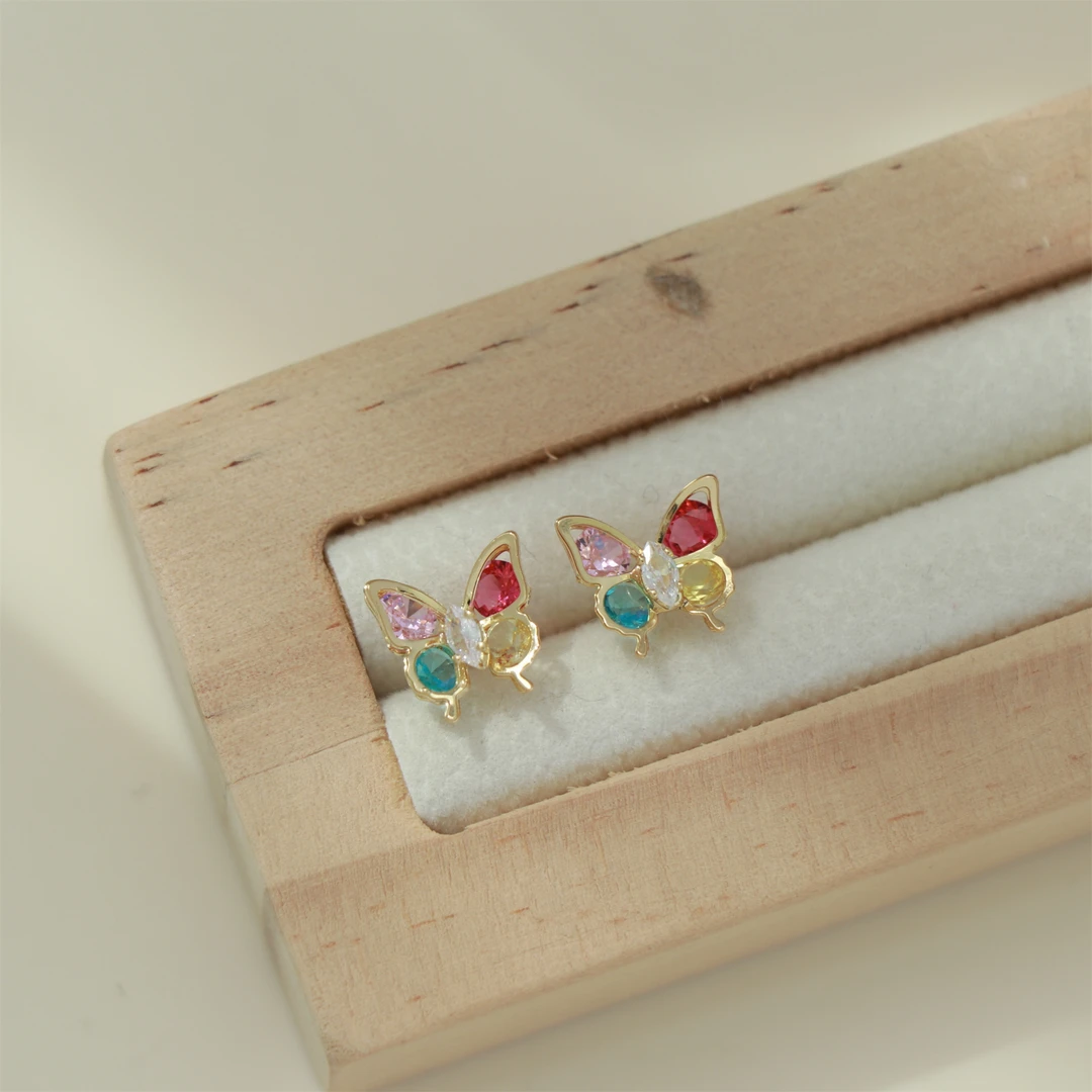 因缺斯汀饰品 铜合金合成锆石耳饰 「斑斓蝴蝶」彩色锆石蝴蝶耳钉