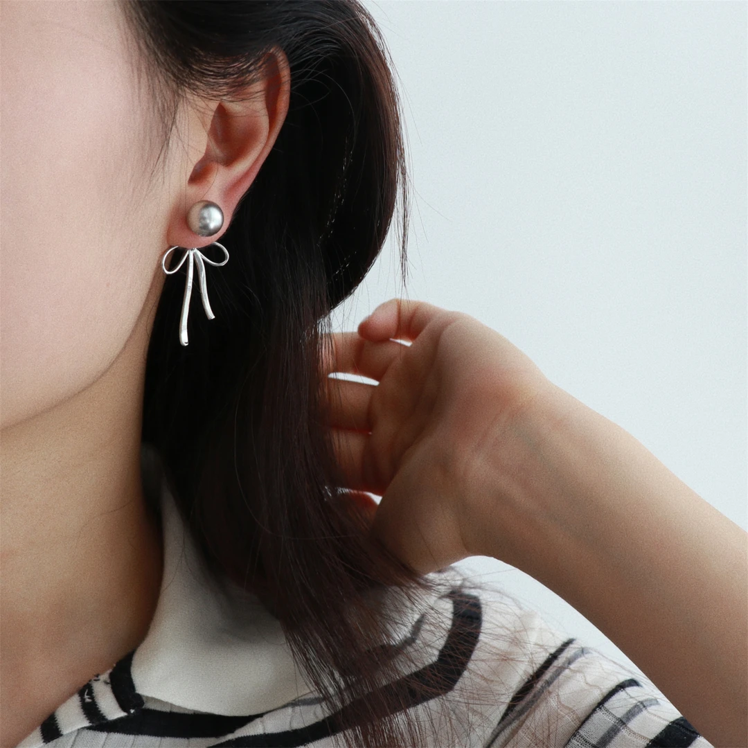 铜合金耳饰 一款两戴灰调蝴蝶结无耳洞蚊香盘耳夹