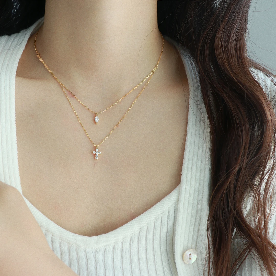 因缺斯汀饰品 坠链均925银 【双层小十字】s925纯银镀金叠戴项链