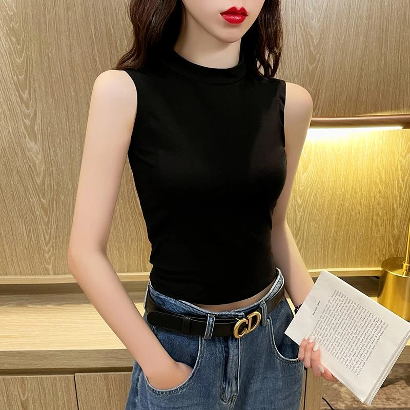 2023款黑色半高领小背心女外穿高档无袖恤秋内搭修身显瘦打底上衣