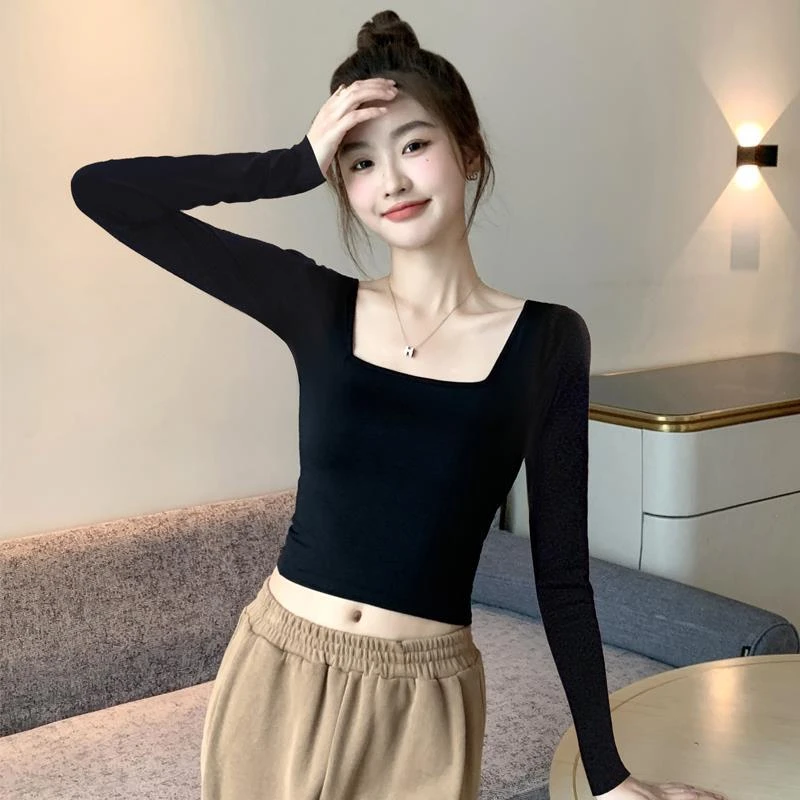 黑色打底衫百搭女内搭短款长袖恤春秋高腰方领紧身露脐修身上衣