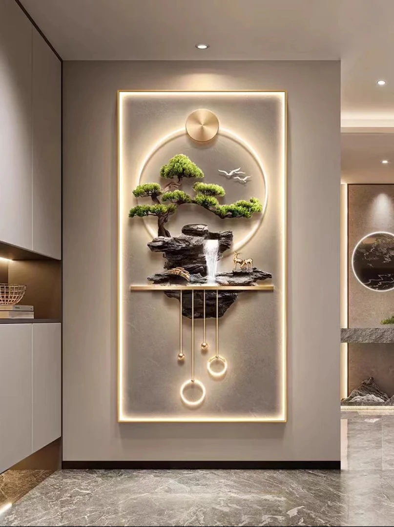 新中式迎客松福禄进门玄关装饰画过道走廊挂画晶瓷立体镶钻框画