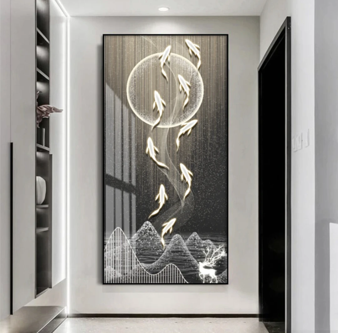 轻奢黑白风九鱼图玄关装饰画竖版过道走廊挂画晶瓷立体镶钻框画