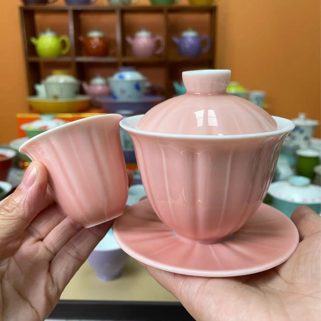 mincuo/民厝纯粉色竖纹三才盖碗茶杯泡茶碗闷茶碗茶具套装