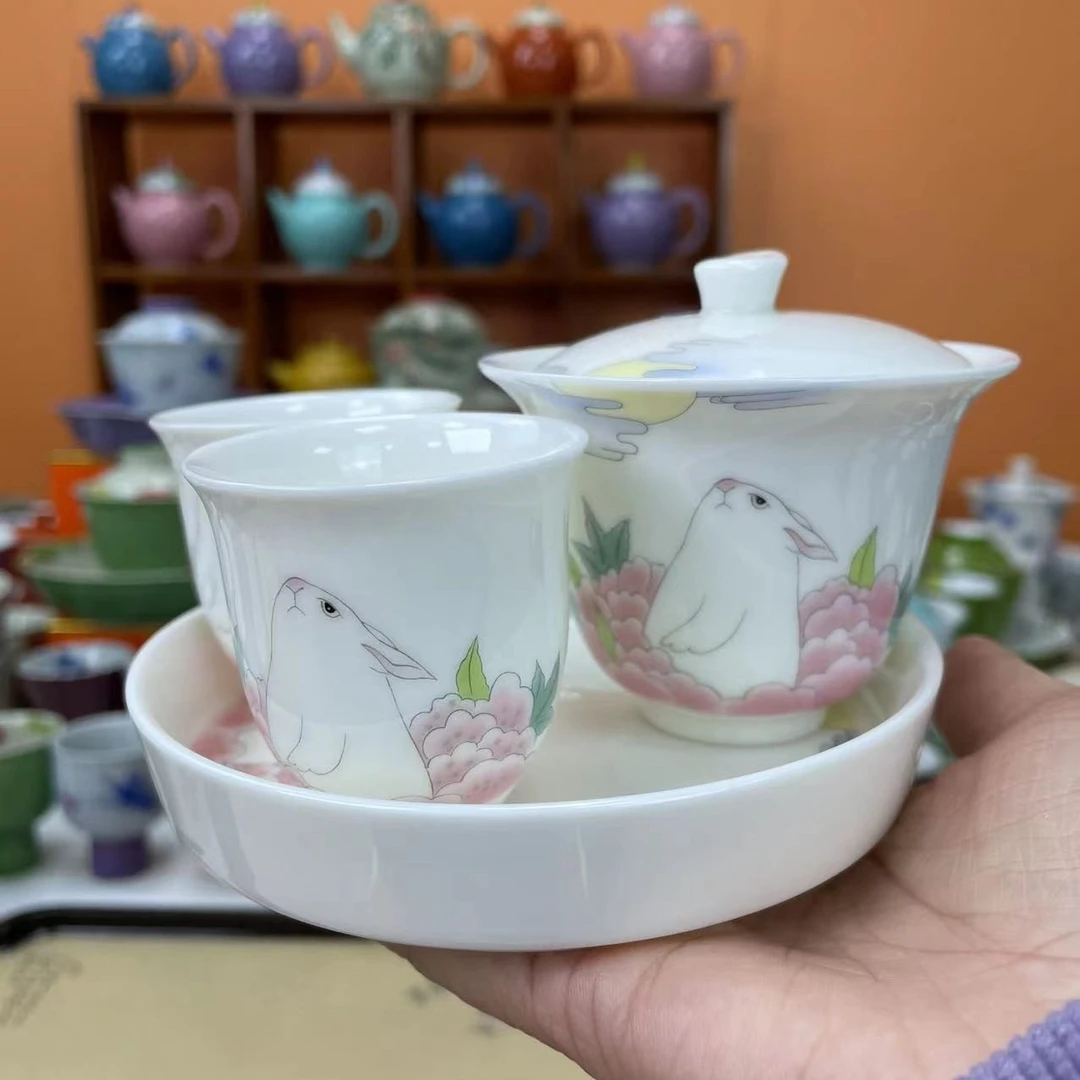 mincuo/民厝浅粉色兔子望月盖碗+壶承+2个茶杯陶瓷茶具套装闷茶碗
