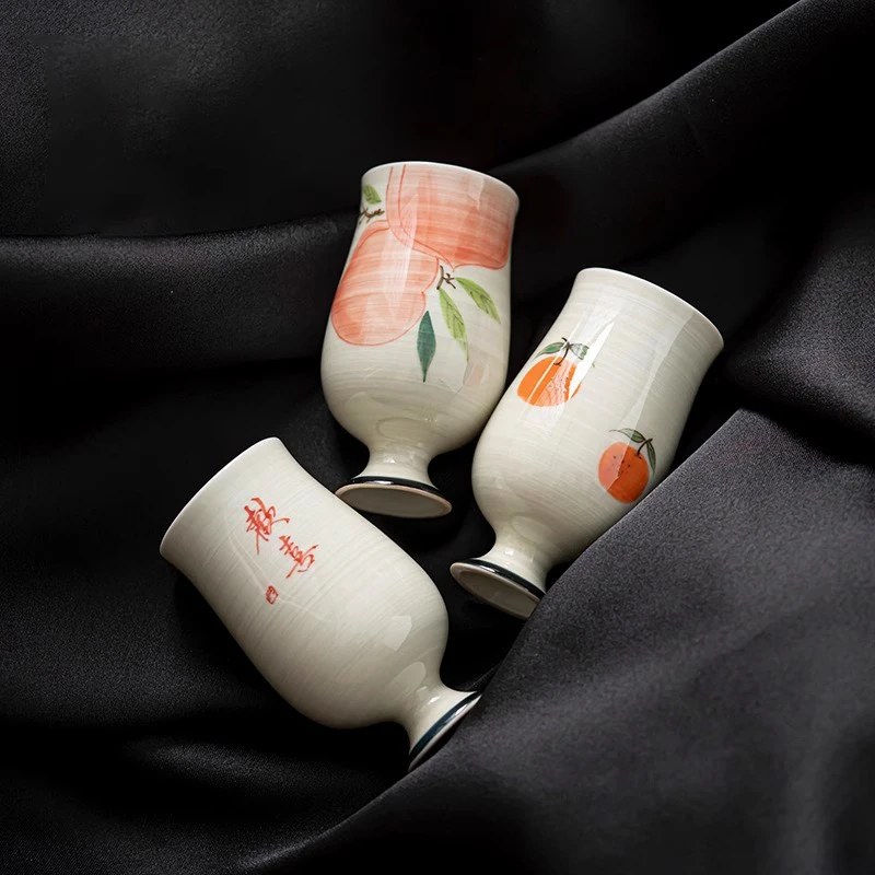 草木灰手绘茶杯高脚闻香杯陶瓷茶具主人杯客杯创意复古家用釉下彩