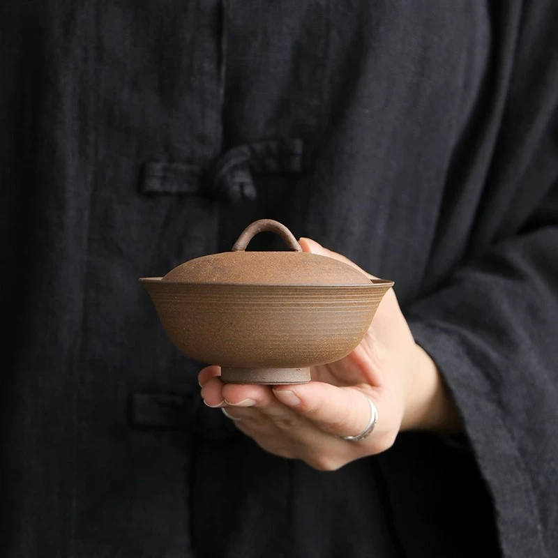 老岩泥二才盖碗家用泡茶碗中式陶瓷手抓碗单个功夫茶具禅意茶器