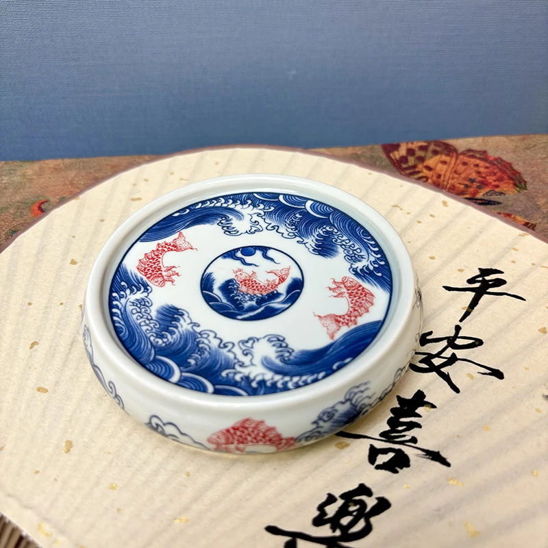 青花鱼跃龙门盖置盖托高端家用陶瓷功夫茶具茶道配件圆形杯垫家用