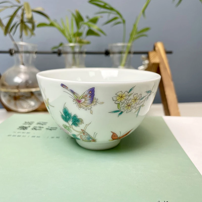 民厝珐琅彩白色蝶恋花主人杯陶瓷茶具茶杯品茗杯精致白瓷家用杯子