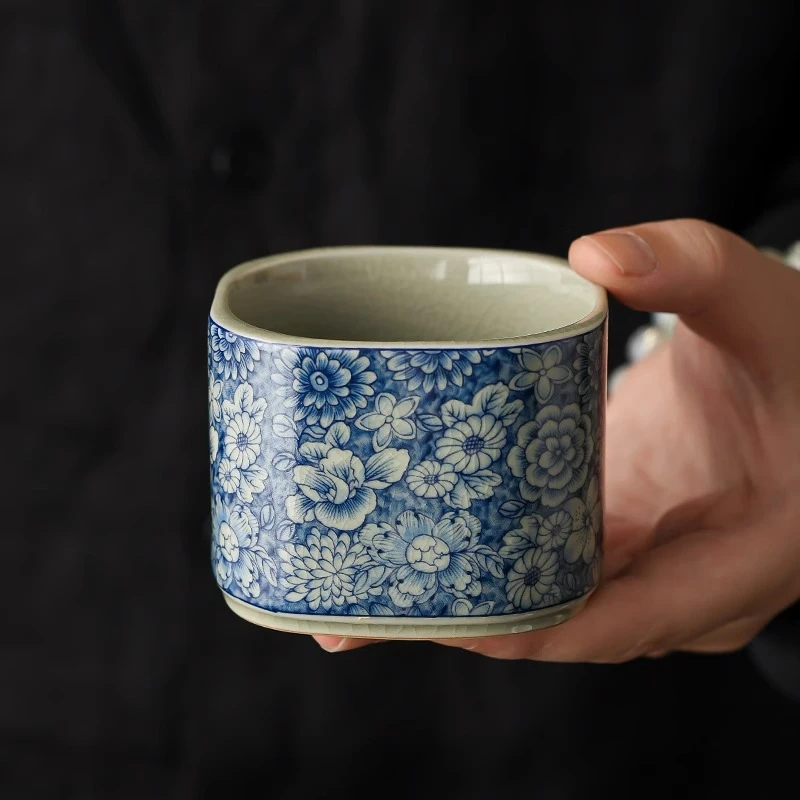 老陶泥青花茶杯个人专用主人杯单杯高档功夫茶器陶瓷闻香品茗杯