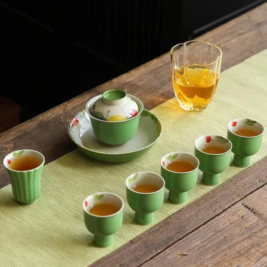 民厝 手绘绿花三才盖碗 仿古陶瓷功夫茶具泡茶碗 家用防烫茶碗