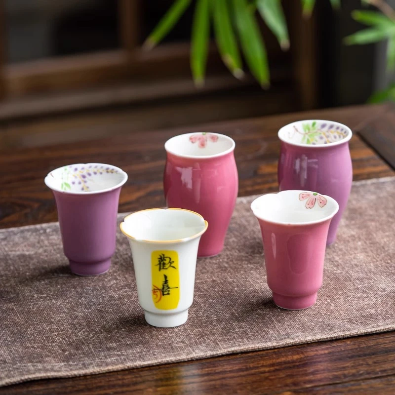 手工手绘紫藤花樱花闻香杯花口杯茶杯品茗杯紫色粉色绿色陶瓷茶具