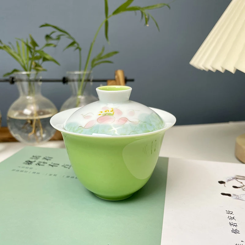 民厝绿色釉下彩手绘荷花二才盖碗陶瓷茶具小清新小号茶碗果绿泡茶