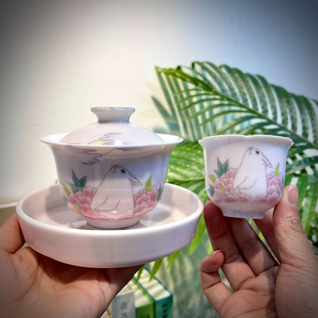 兔子望月盖碗壶承茶杯花瓣陶瓷茶具高档女士中式小清新瓷盖碗新品
