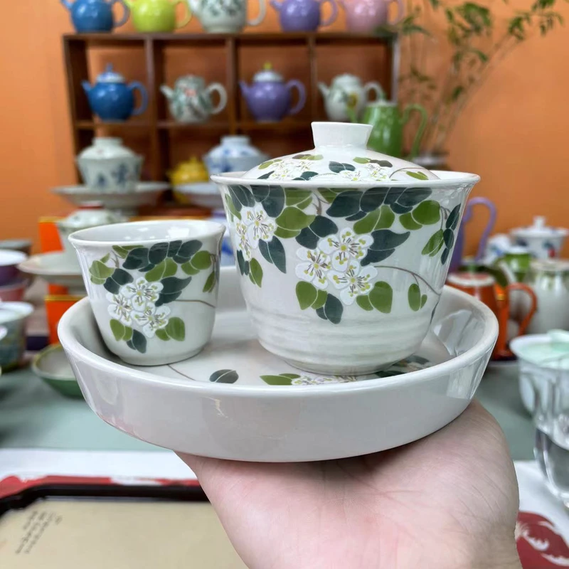 mincuo/民厝草木灰山茶花盖碗+壶承送茶杯陶瓷茶具套装闷茶碗茶碗
