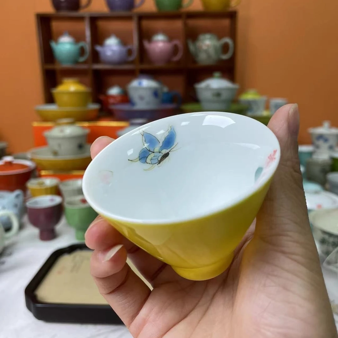 mincuo/民厝黄色手绘花斗笠杯主人杯茶杯客杯品茗杯