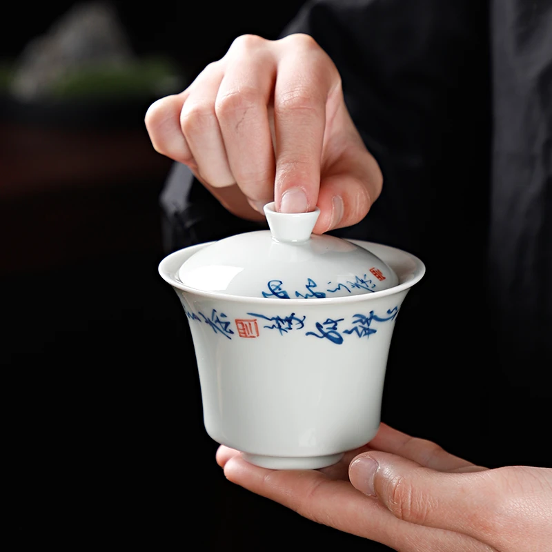 mincuo/民厝手写陶瓷二才盖碗中式功夫茶具套装羊脂玉白瓷手绘