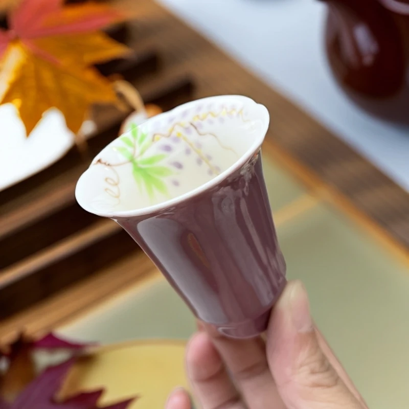 紫色内绘紫藤花花口茶杯主人杯客杯茶具套装陶瓷手绘闻香杯色釉