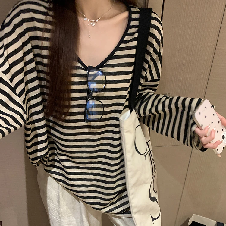 新款百搭夏季韩版宽松条纹罩衫防晒T显瘦休闲慵懒风中长上衣女潮