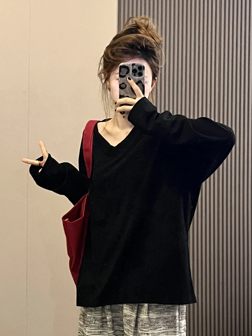 宽松纯色大V领秋季慵懒风松弛感休闲显瘦防晒上衣#9925