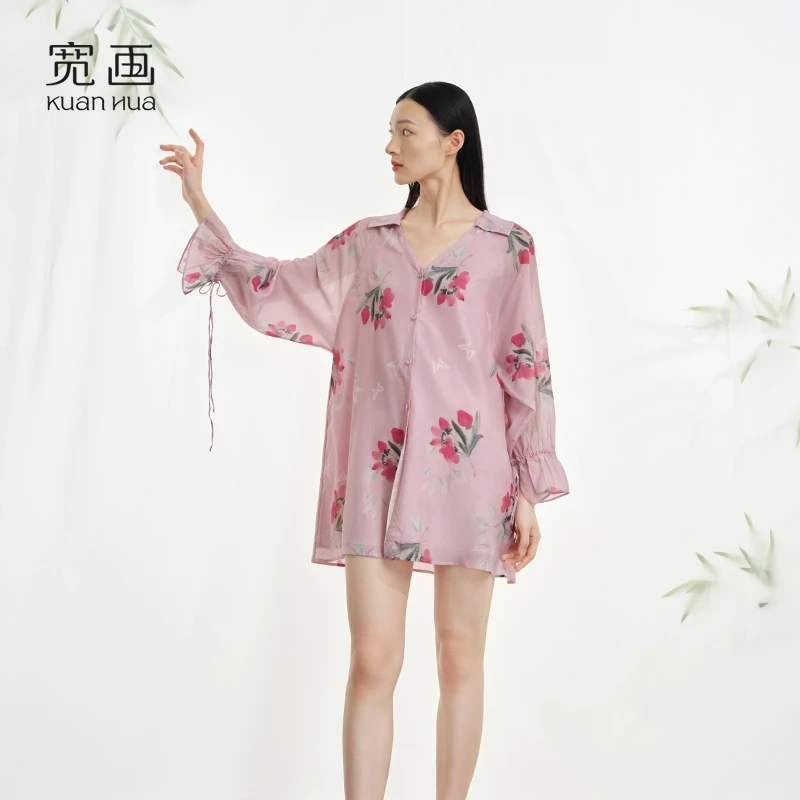 宽画【水墨花韵系列】桑蚕丝高级感短款睡裙优雅时尚家居服-KH90221