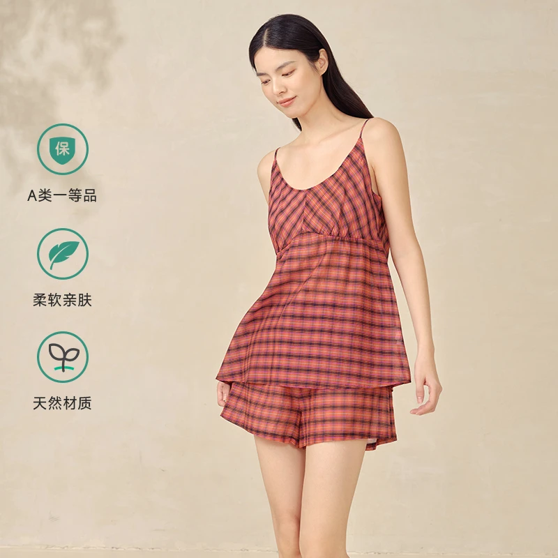 宽画【复古经典系列】纯棉格子睡衣吊带分体吸湿柔软家居服-KH91878