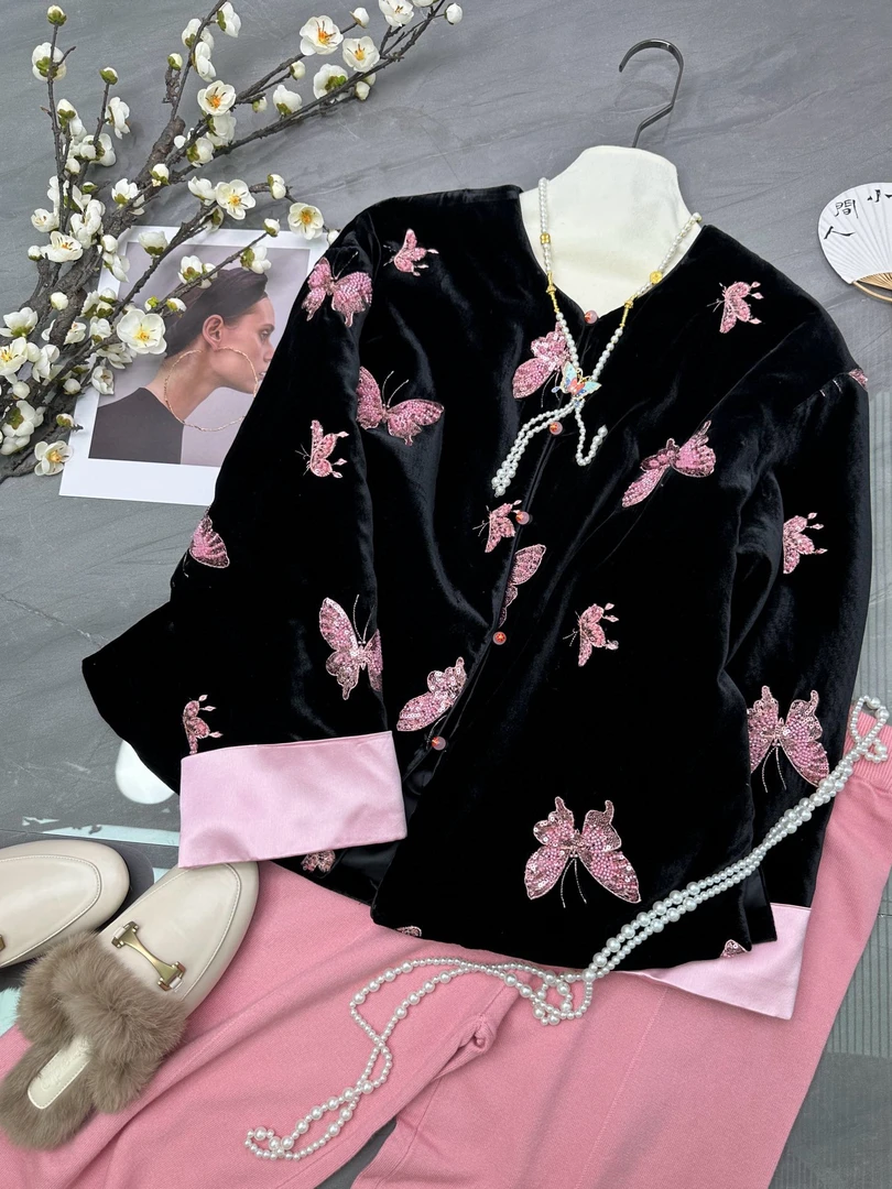 棉服重工刺绣桑蚕丝真丝丝绒夹棉外套浪漫蝴蝶刺绣国风棉服
