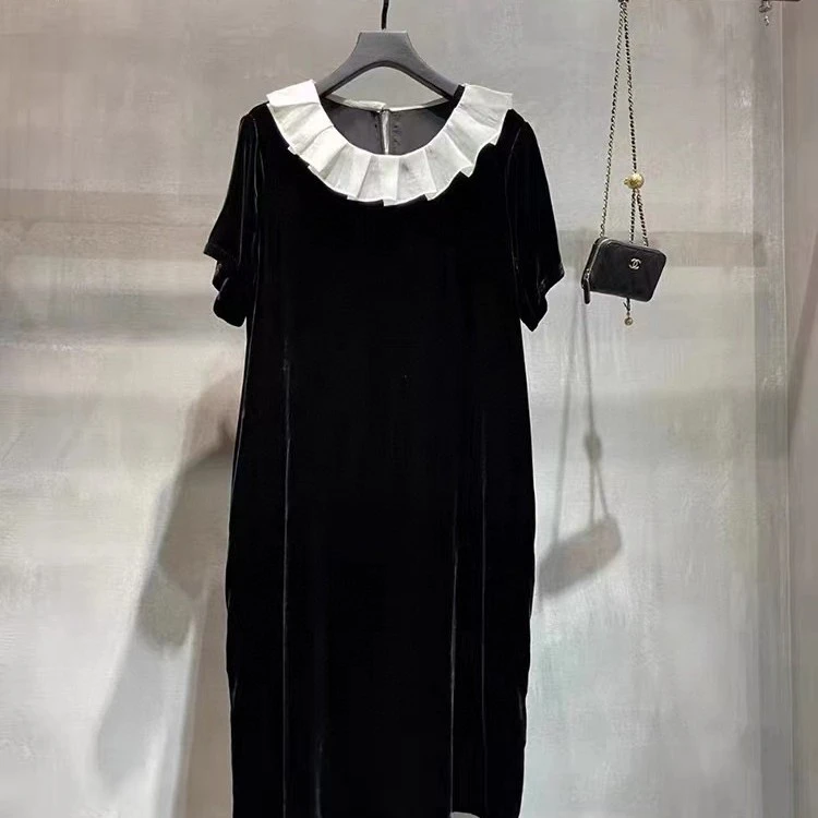减龄款真丝夏季丝绒气质连衣裙黑色裙子娃娃领小A版娃娃款