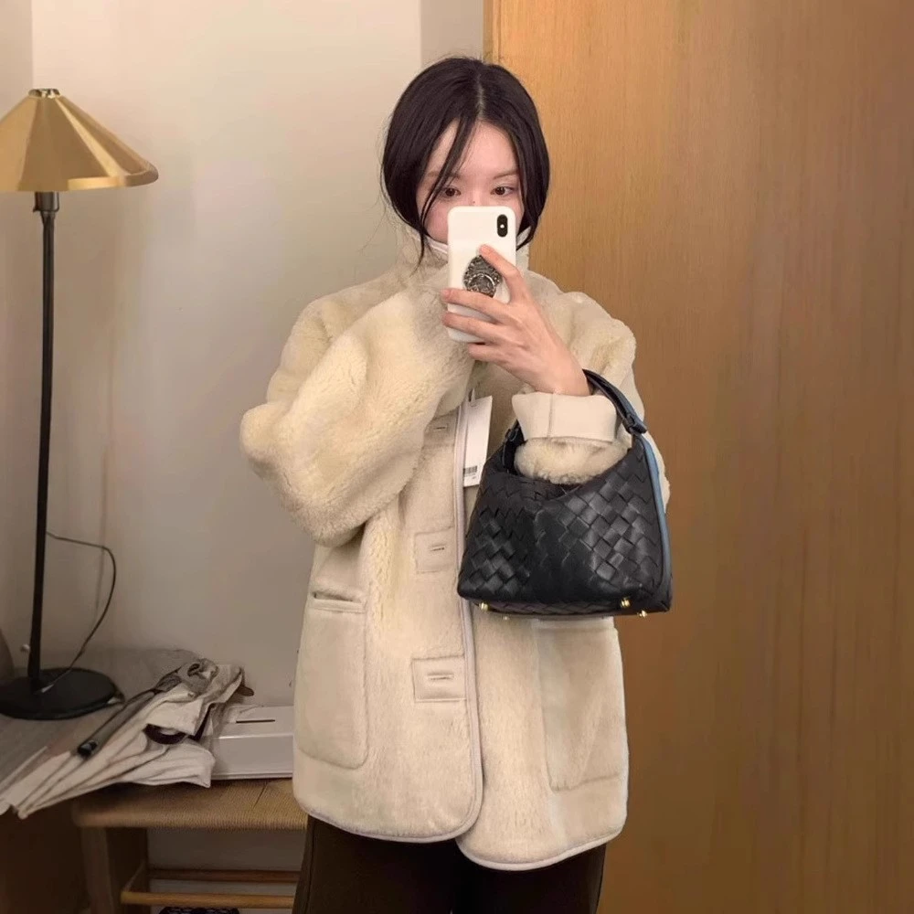 mon*ha 皮毛一体立领毛毛外套女2024冬季新款加厚羊羔毛休闲大衣