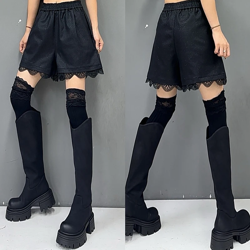 蕾丝拼接短裤女秋季新款时尚高腰休闲裤百搭外穿阔腿短裤-36015