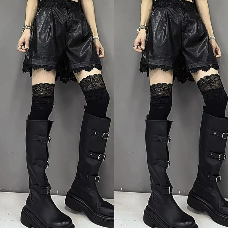韩版皮裤女秋冬2024新款小个子高腰宽松蕾丝阔腿外穿短裤子-1175