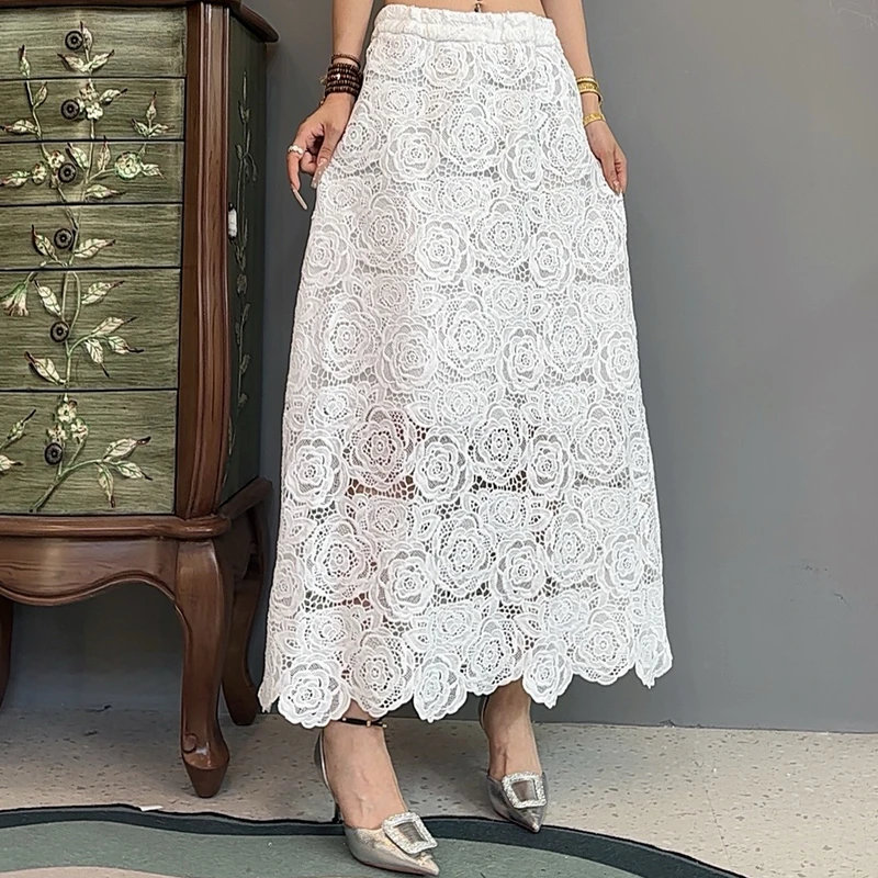 高级感轻奢蕾丝纯色半身裙女士夏季新款气质高腰显瘦半身裙-1999