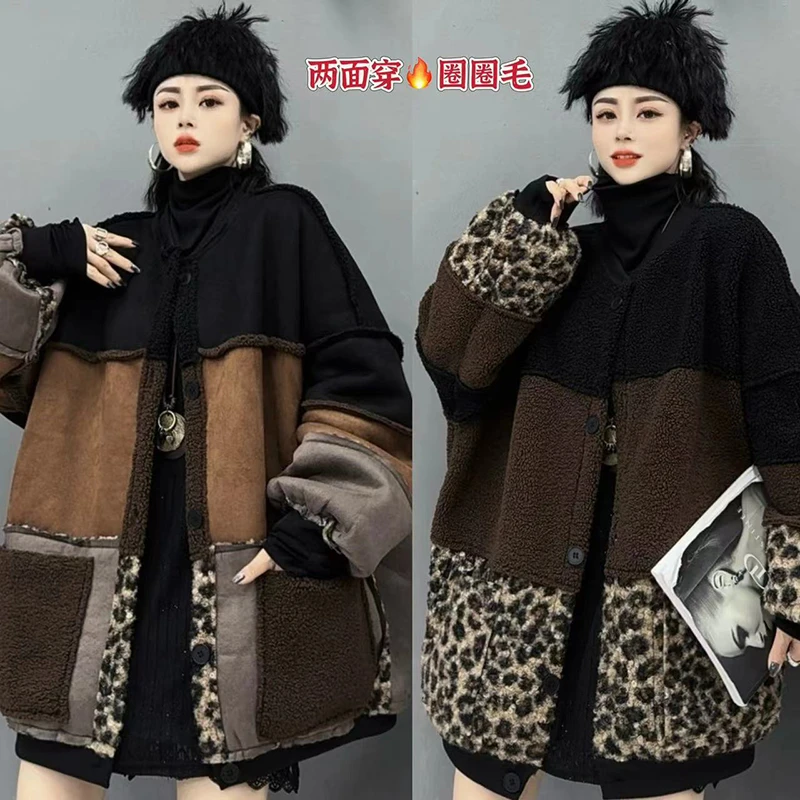 秋冬新款双面穿羔羔毛外套女时尚豹纹宽松显瘦休闲夹克外套-9285