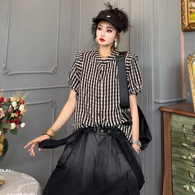 新款条纹气质短袖衬衫女装夏季时尚设计感百搭显瘦上衣衬衫-9185