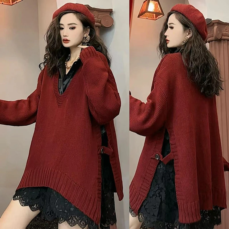 重磅推荐针织毛衣女秋冬新款V领时尚宽松百搭慵懒风套头上衣-8123