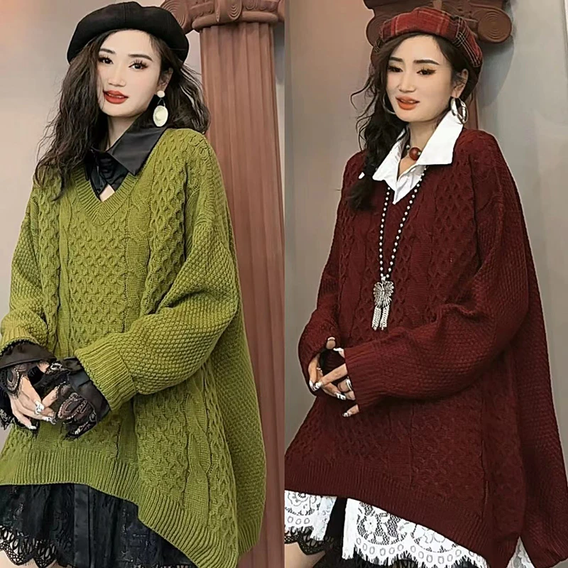 秋季新款V领毛衣女时尚长袖宽松百搭显瘦打底慵懒风针织衫-6062