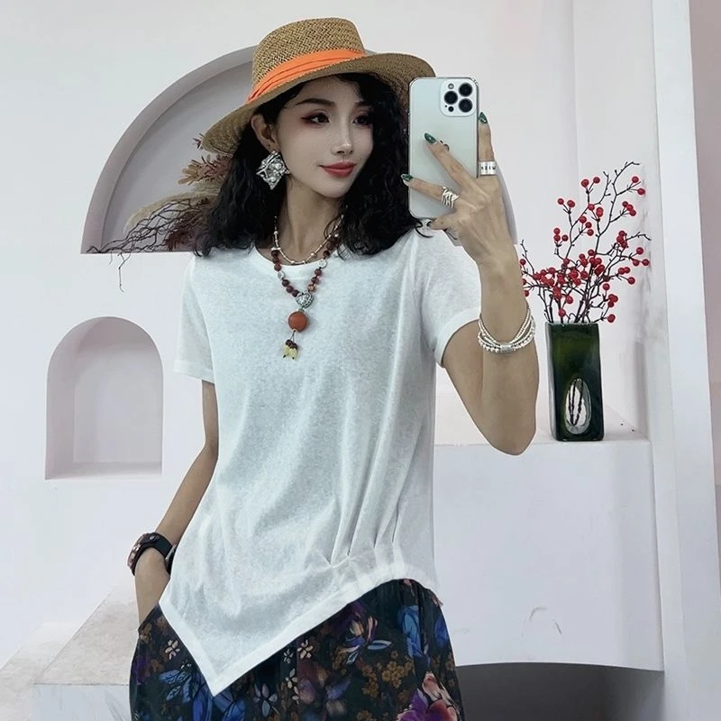 夏季新款不规则设计T恤女装时尚休闲百搭打底纯色ins上衣T恤-0075