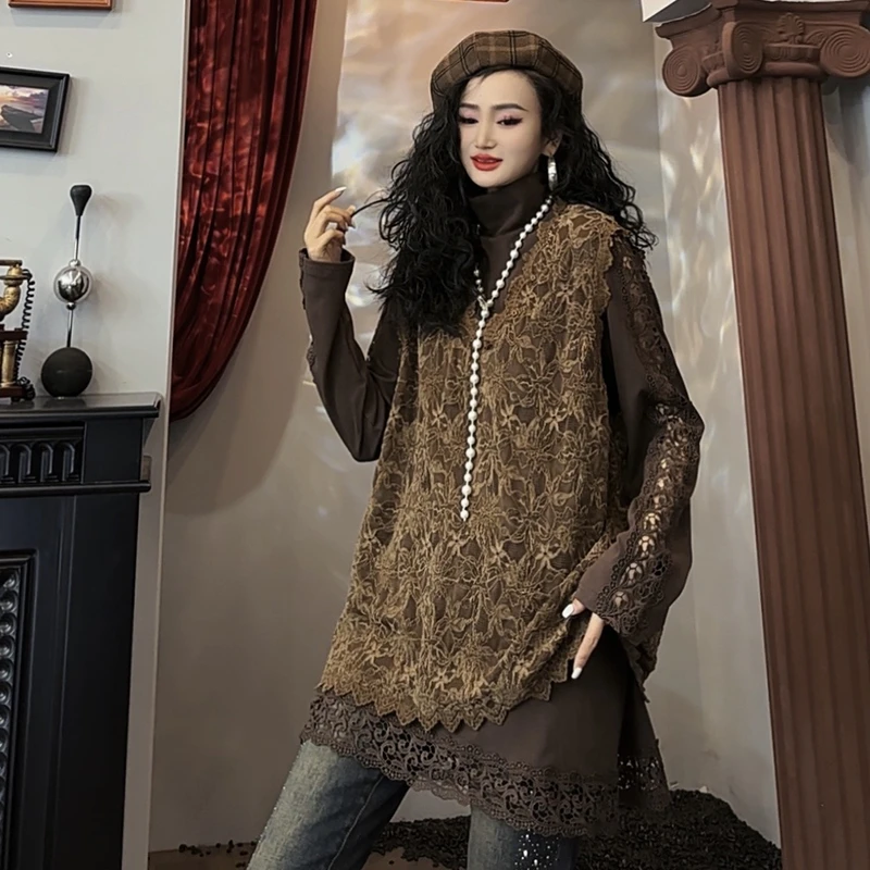 法式新款宽松外搭背心马夹女时尚蕾丝钩花叠穿百搭ins上衣-9389