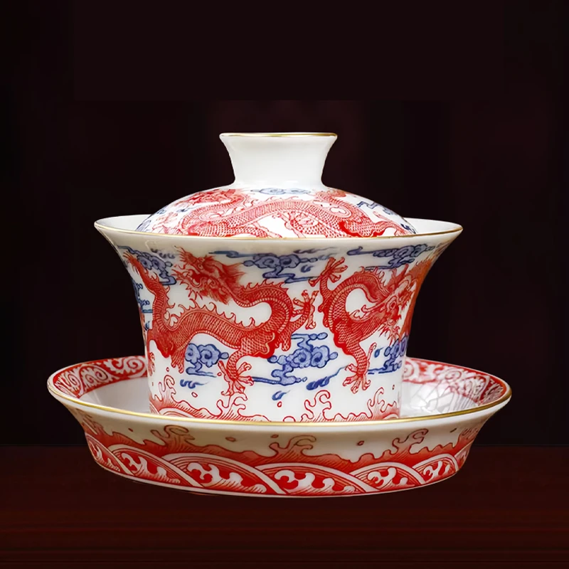 景德镇手工马蒂三才盖碗家用高白泥复古矾红泡茶碗釉里红陶瓷茶具