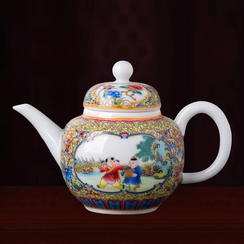 景德镇陶瓷珐琅彩童趣茶壶中式带把泡茶壶防烫手家用冲茶水壶茶具