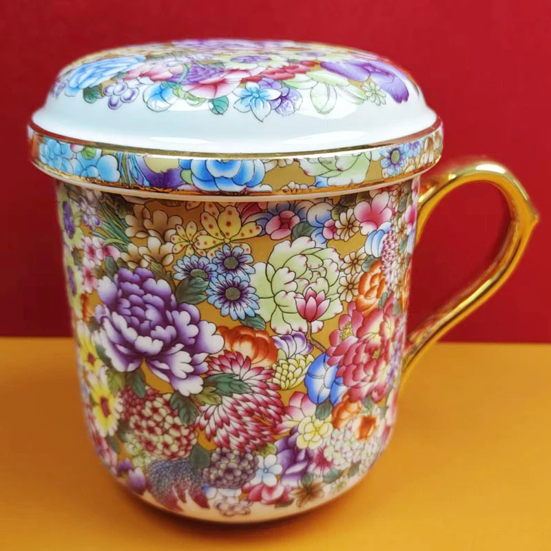 景德镇陶瓷杯子茶水分离杯骨瓷茶杯带盖泡茶过滤杯喝茶高档珐琅彩